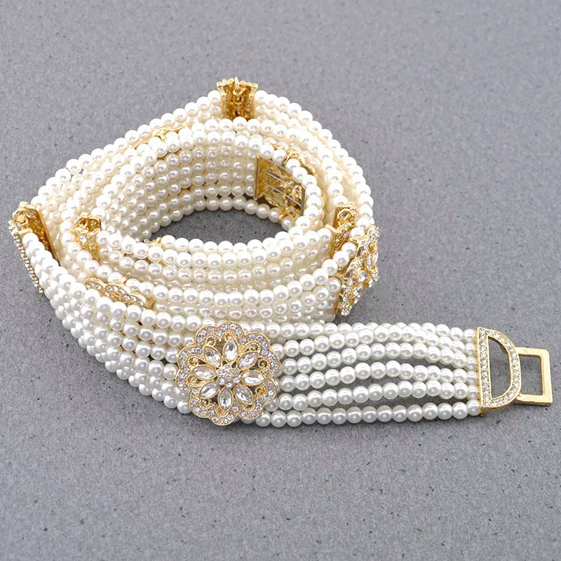 New Gorgeous Woman Pearl Waist Chain Body Belly Chains Adjustable Length Jewelry European Bride Wedding Flower Pearl Belt