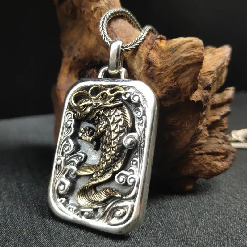 BOCAI  Fashion New Real S925 Silver Golden Personality Carp Playing in Water Man and Woman Pendant  Retro Jewelry