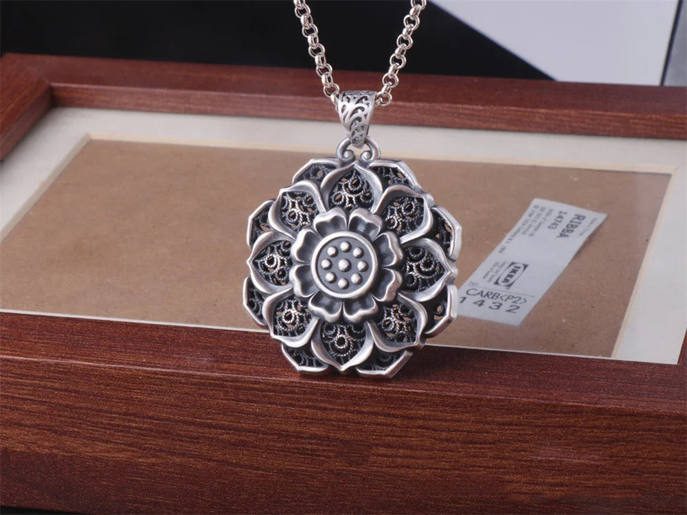 BOCAI S999 Sterling Silver Charm Pendants Hollow Out Lotus Vajra Pestle Hanging Jewelry Pure Argentum Amulet for Men and Women