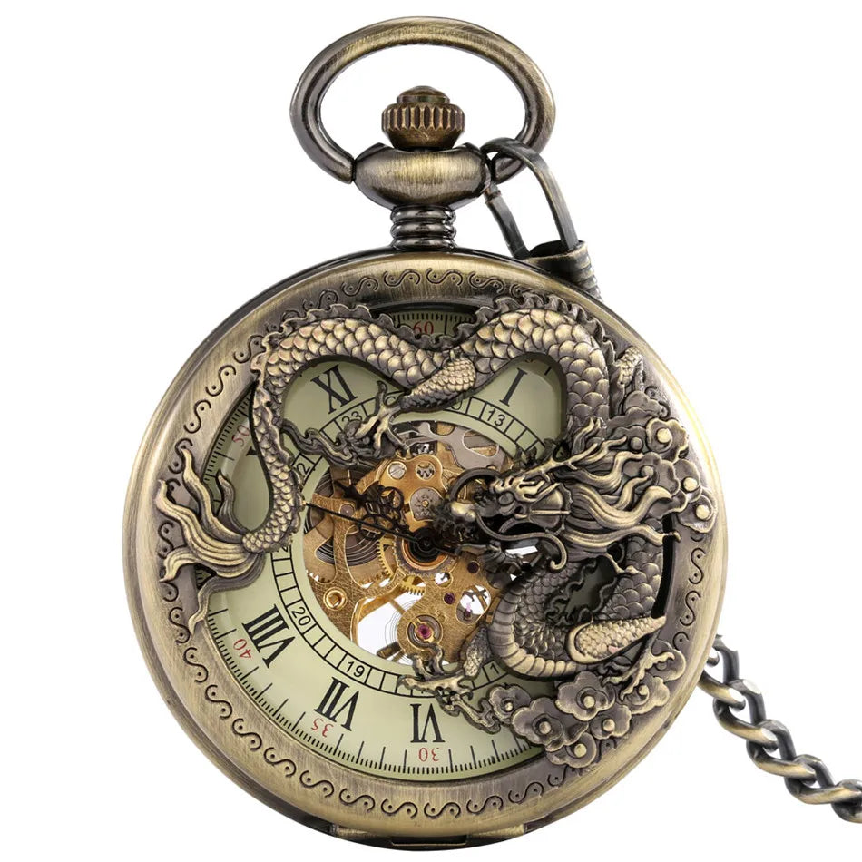 Bronze Hollow Dragon Display Half Hunter Mechanical Pocket Watch Cool Antique Pendant Manual Mechanism Pocket Clock Gift Male