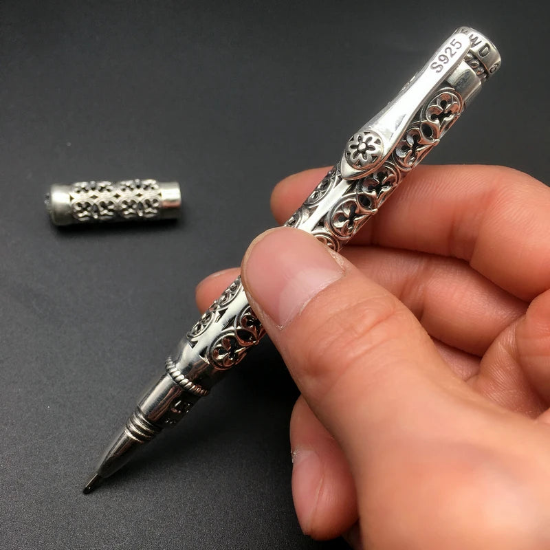 Solid Silver Pen Pendant Men S925 Sterling Silver Vintage Carved Openwork Business Pen Jewelry Gift Real Silver Pen Pendant