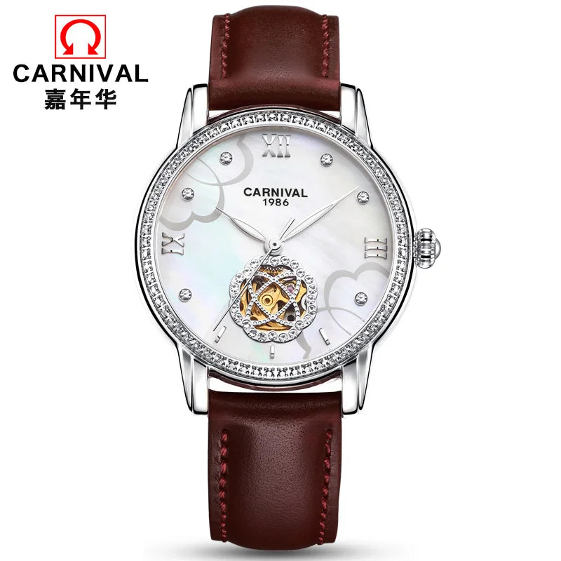 CARNIVAL Fashion Tourbillon Watches for Woman Luxury Diamond Automatic Watch Waterproof Leather Sapphire Mechanical Wristwatches