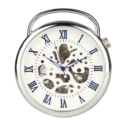 Open Face Blue Roman Numerals Display Mechanical Hand Winding Pocket Watch Silver Transparent Skeleton Pendant Antique Clock