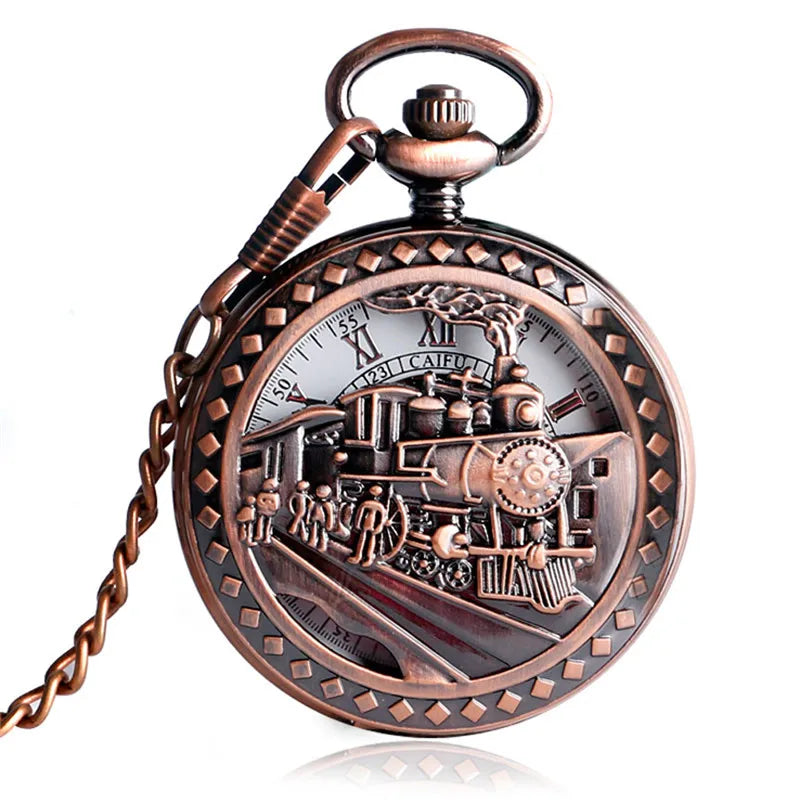 Old Fashion Men Women Mechanical Handwinding Pocket Watch Locomotive Hollow Train Skeleton Clock Pendant FOB Chain reloj Gift