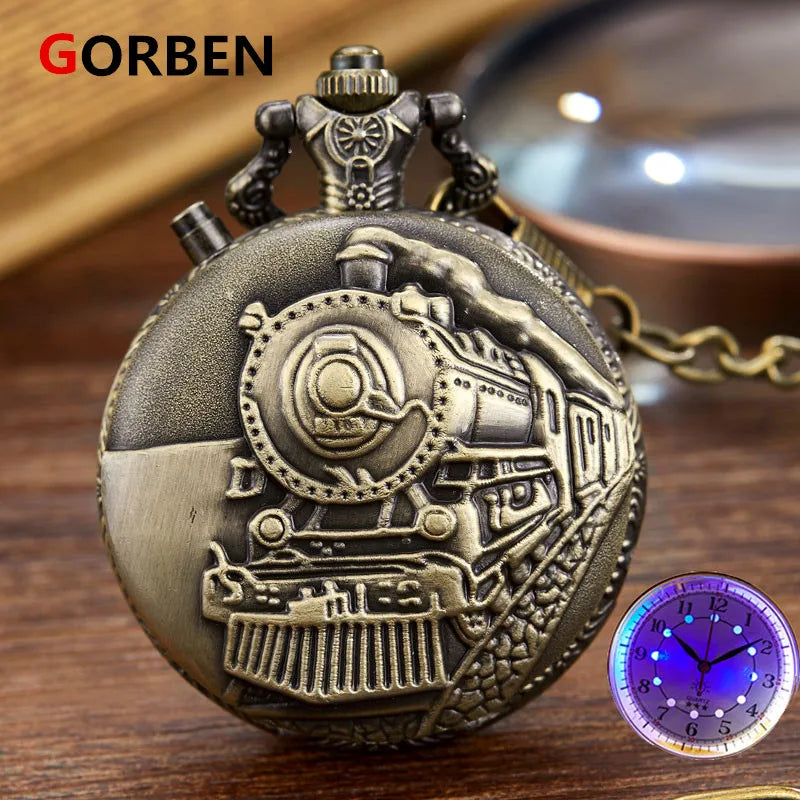 Luminous Blue Led Flash Necklace Vintage Clock Unique Bronze/silver/gold Train Locomotive Engine Noctilucent Quartz Pocket Watch