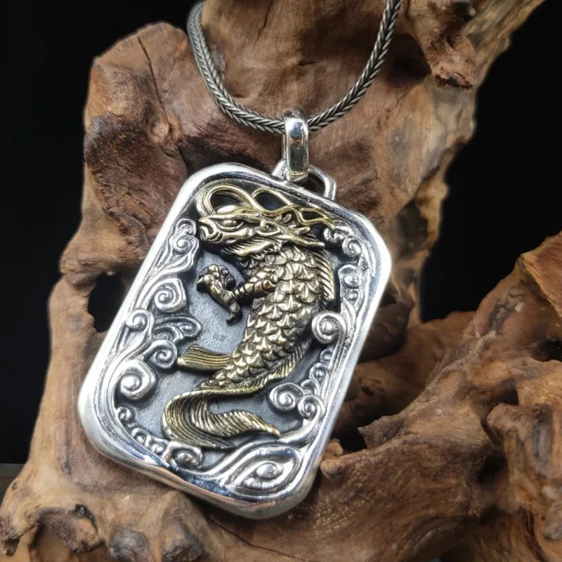BOCAI  Fashion New Real S925 Silver Golden Personality Carp Playing in Water Man and Woman Pendant  Retro Jewelry