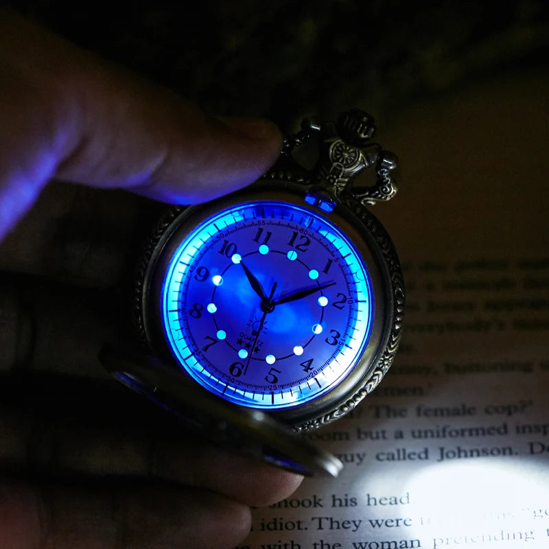 Luminous Blue Led Flash Necklace Vintage Clock Unique Bronze/silver/gold Train Locomotive Engine Noctilucent Quartz Pocket Watch
