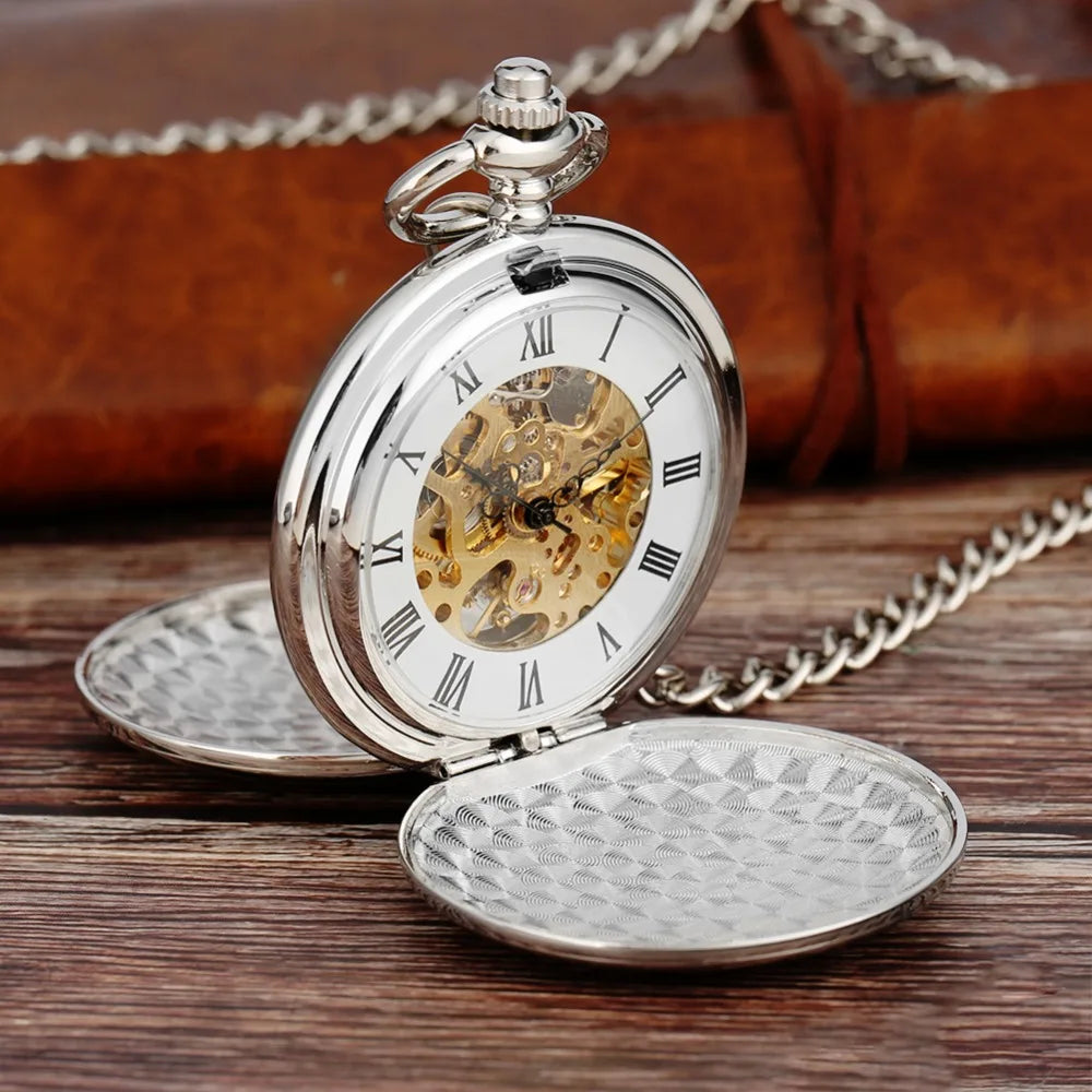 Steampunk Skeleton Mechanical Pocket Watch Luxury Gold Silver Fob Open Side Necklace Clock Antique  Reloj De Bolsillo Gifts