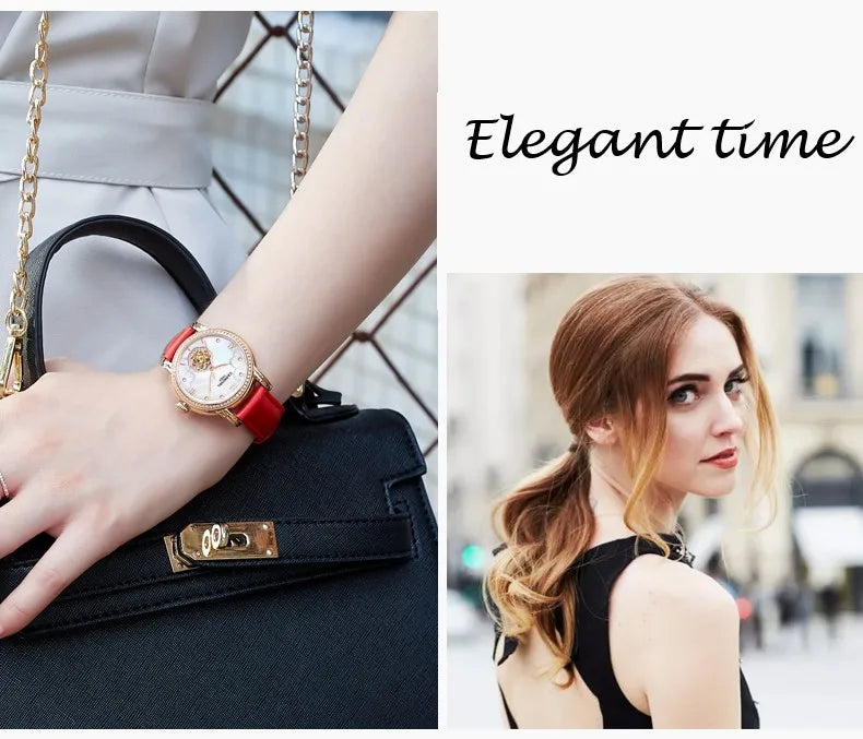 CARNIVAL Fashion Tourbillon Watches for Woman Luxury Diamond Automatic Watch Waterproof Leather Sapphire Mechanical Wristwatches