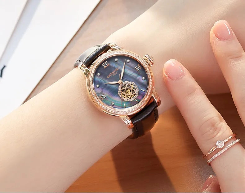 CARNIVAL Fashion Tourbillon Watches for Woman Luxury Diamond Automatic Watch Waterproof Leather Sapphire Mechanical Wristwatches