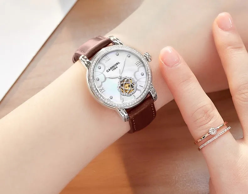CARNIVAL Fashion Tourbillon Watches for Woman Luxury Diamond Automatic Watch Waterproof Leather Sapphire Mechanical Wristwatches