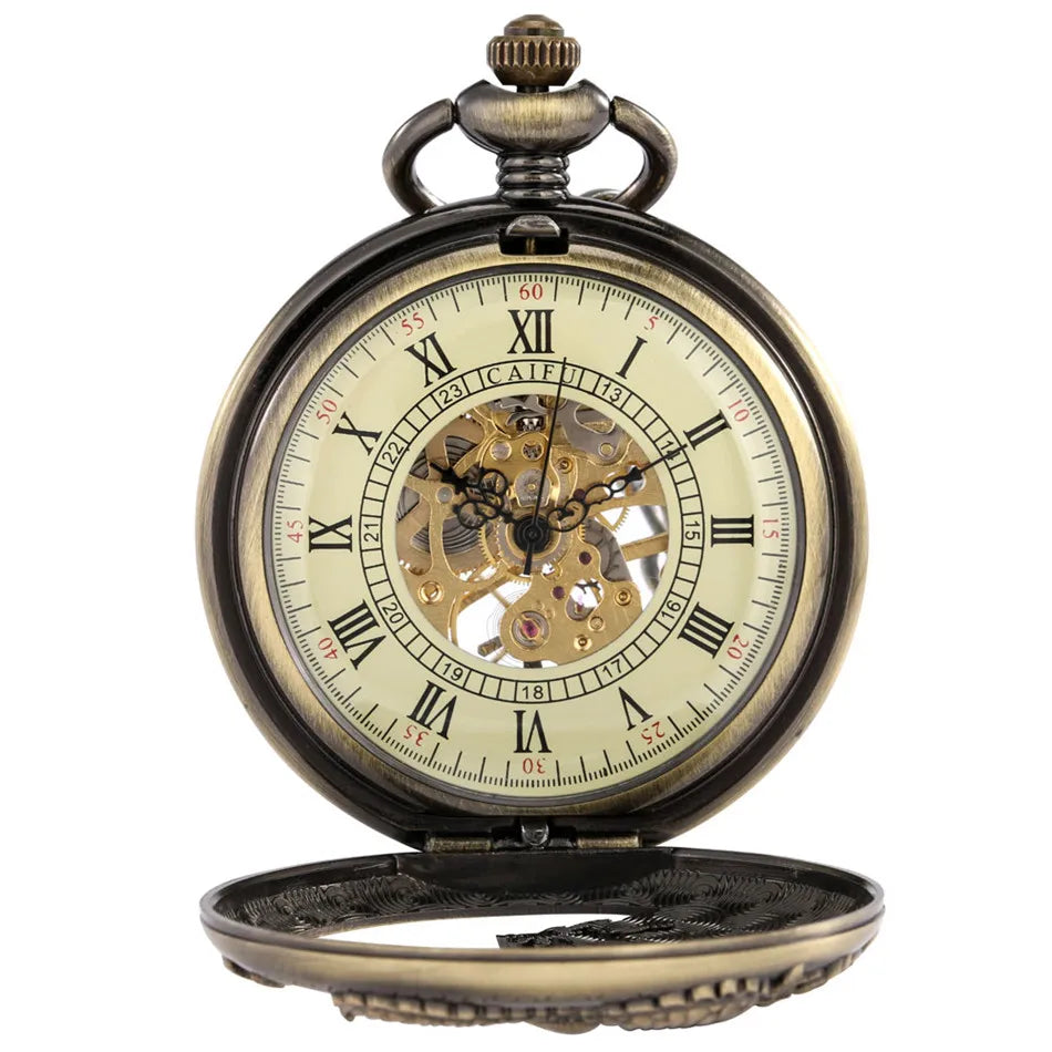 Bronze Hollow Dragon Display Half Hunter Mechanical Pocket Watch Cool Antique Pendant Manual Mechanism Pocket Clock Gift Male