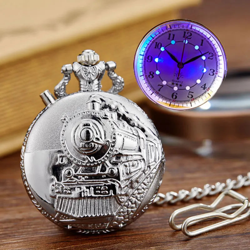 Luminous Blue Led Flash Necklace Vintage Clock Unique Bronze/silver/gold Train Locomotive Engine Noctilucent Quartz Pocket Watch