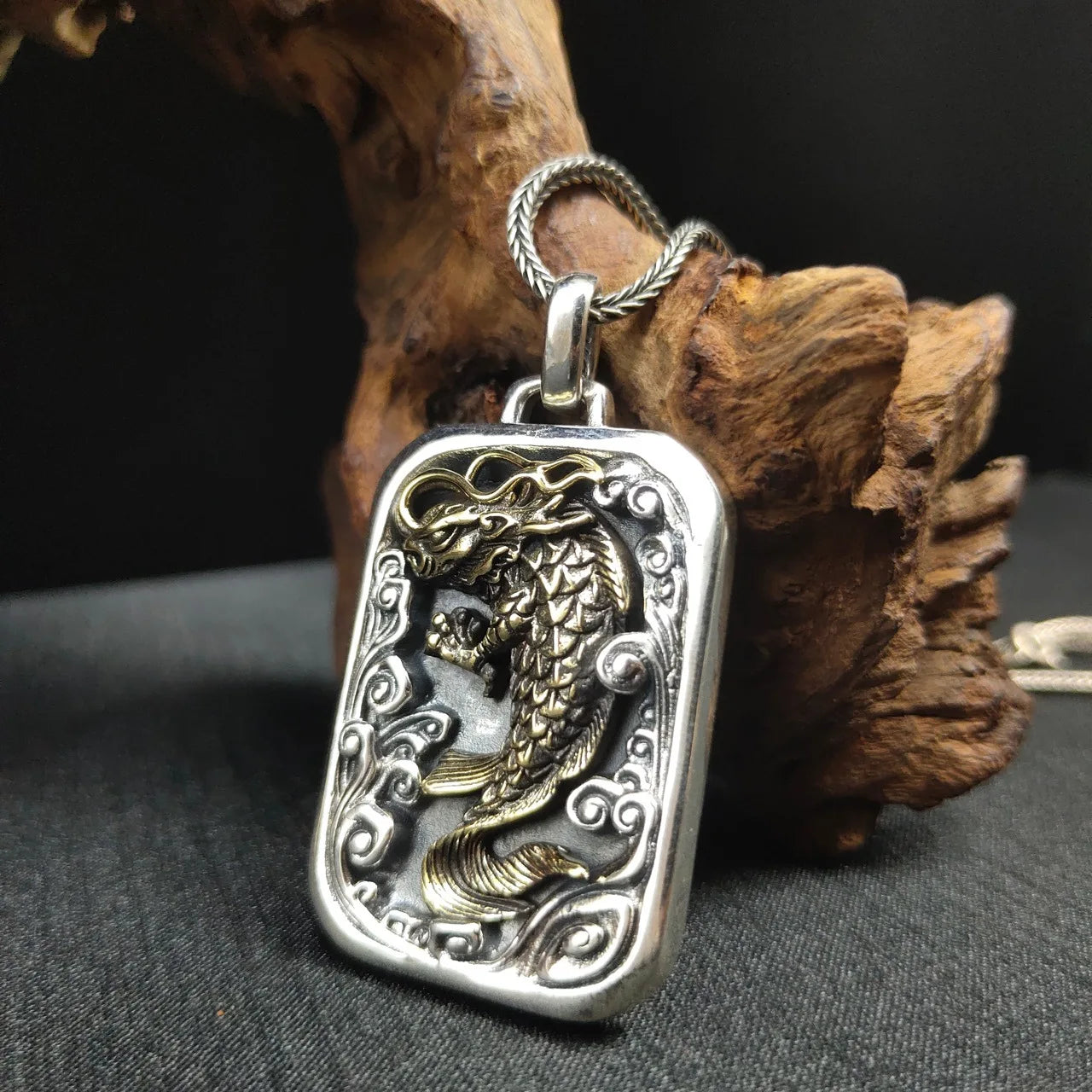 BOCAI  Fashion New Real S925 Silver Golden Personality Carp Playing in Water Man and Woman Pendant  Retro Jewelry