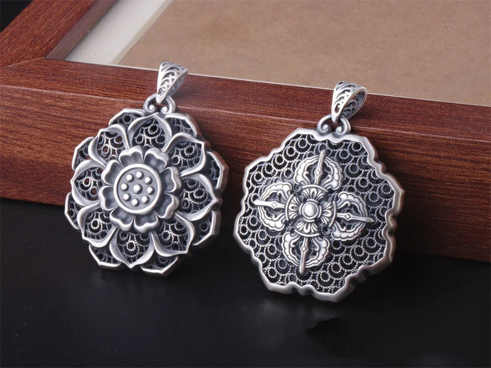 BOCAI S999 Sterling Silver Charm Pendants Hollow Out Lotus Vajra Pestle Hanging Jewelry Pure Argentum Amulet for Men and Women