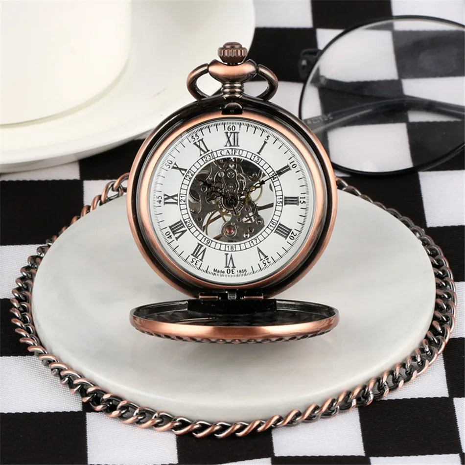 Steampunk Vintage Train Pattern Mechanical Hand-wind Pocket Watch Red Copper Pendant Antique Clock Manual Mechanism Timepiece