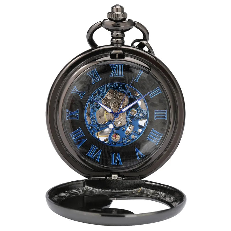 Antique Hollow Peacock Case Blue Roman Number Skeleton Handwinding Mechanical Pocket Watch Chain Gift for Men Women reloj