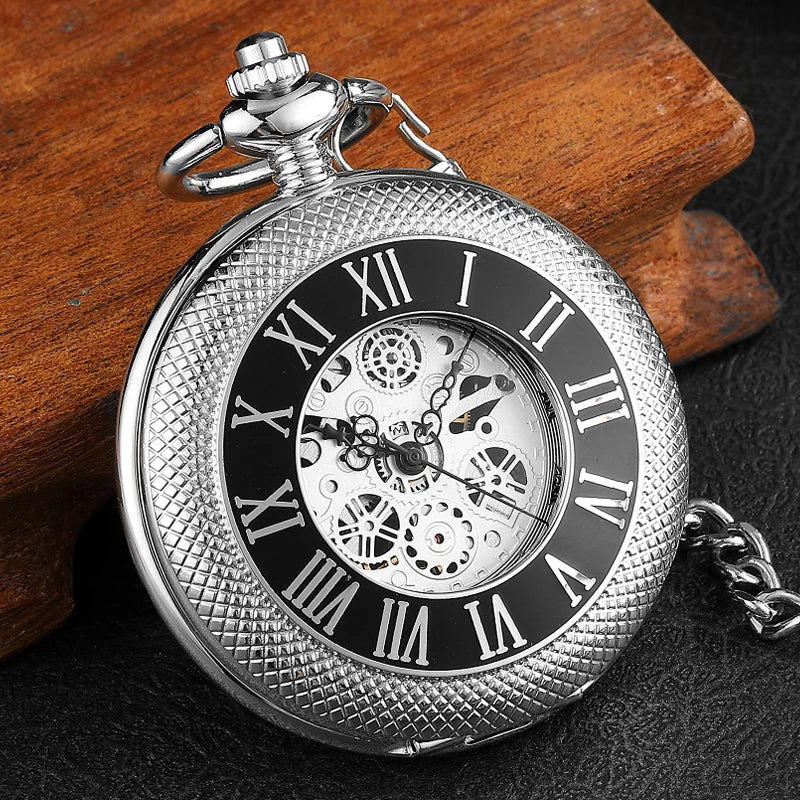 Pocketwatch Silver  Roman Numerals Antique Hand Wind Mechanical Pocket Watch Skeleton Steampunk Unique Gear Men Women Top