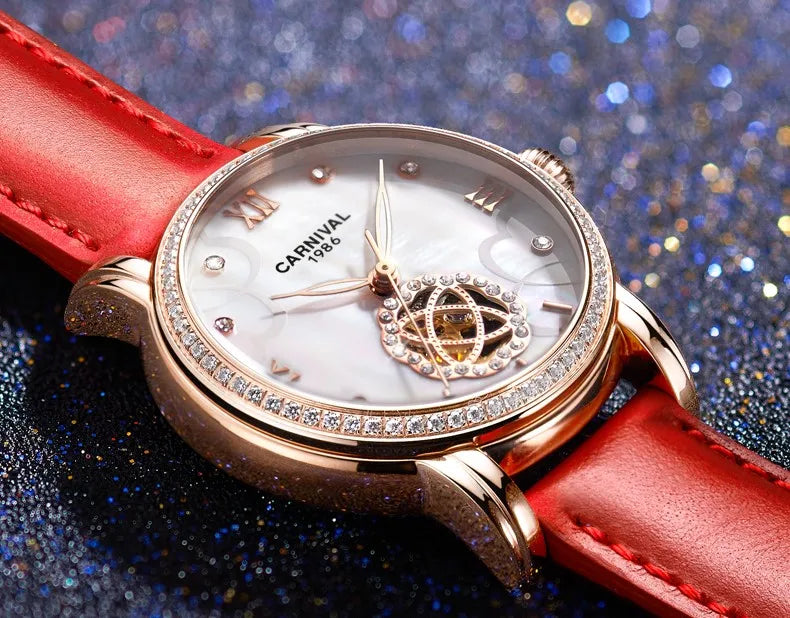 CARNIVAL Fashion Tourbillon Watches for Woman Luxury Diamond Automatic Watch Waterproof Leather Sapphire Mechanical Wristwatches