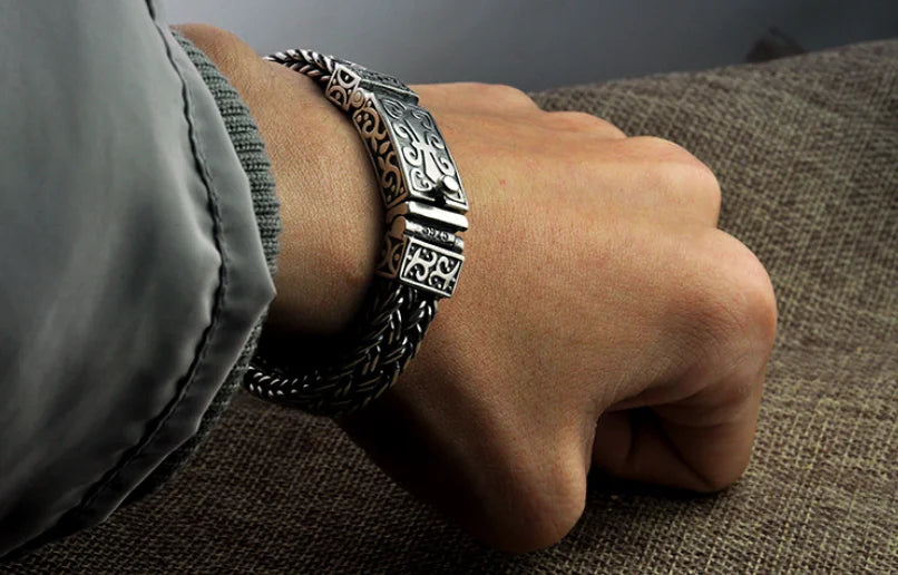 Real 925 Sterling Silver Bracelet Men's Wide 11mm Retro Punk Rock Wire Chain Chain and Bracelet Male Thai Silver Jewelry Gift