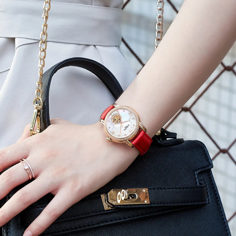 CARNIVAL Fashion Tourbillon Watches for Woman Luxury Diamond Automatic Watch Waterproof Leather Sapphire Mechanical Wristwatches