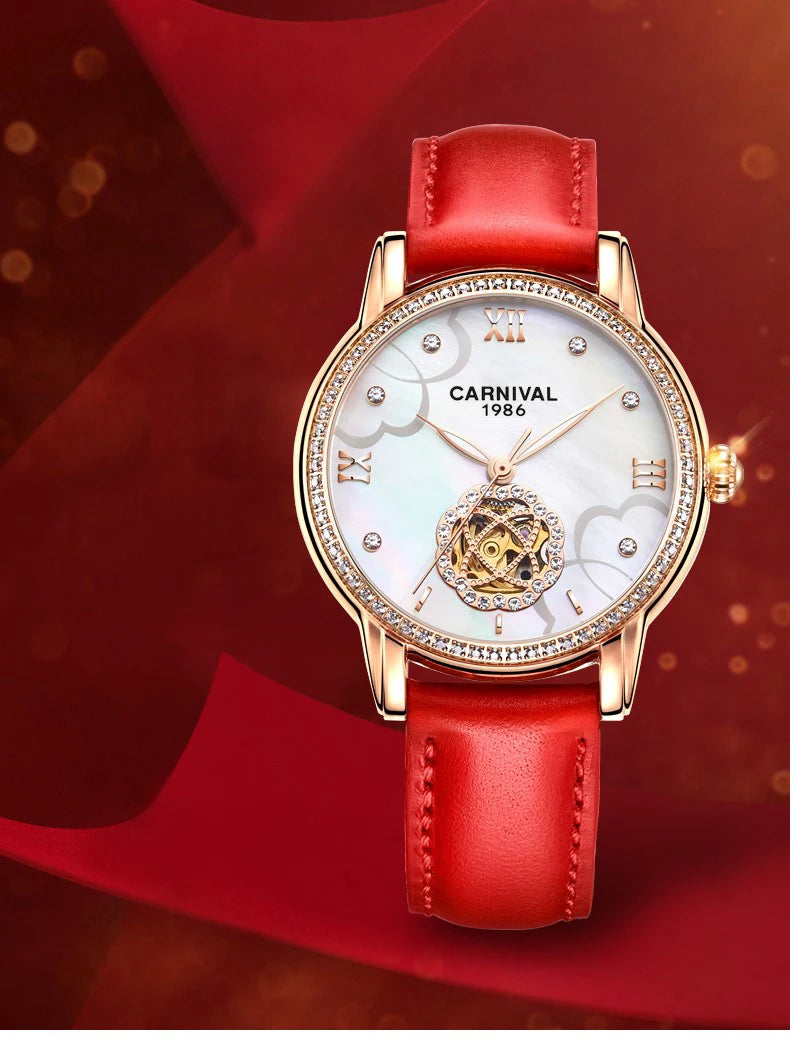 CARNIVAL Fashion Tourbillon Watches for Woman Luxury Diamond Automatic Watch Waterproof Leather Sapphire Mechanical Wristwatches