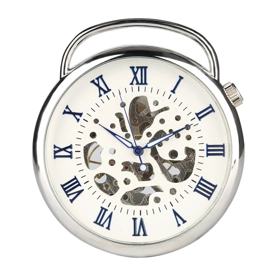 Open Face Blue Roman Numerals Display Mechanical Hand Winding Pocket Watch Silver Transparent Skeleton Pendant Antique Clock