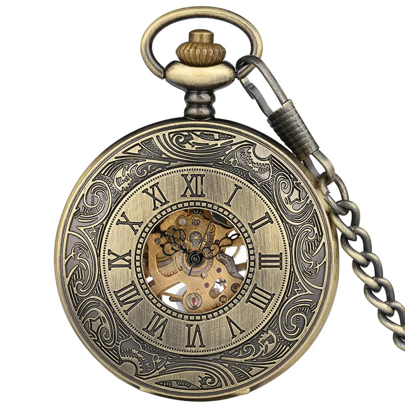 Antique Roman Number Retro Pocket Watch Unisex Handwinding Mechanical Skeleton Clock with Pendant Chain Arabic Numeral Dial Gift