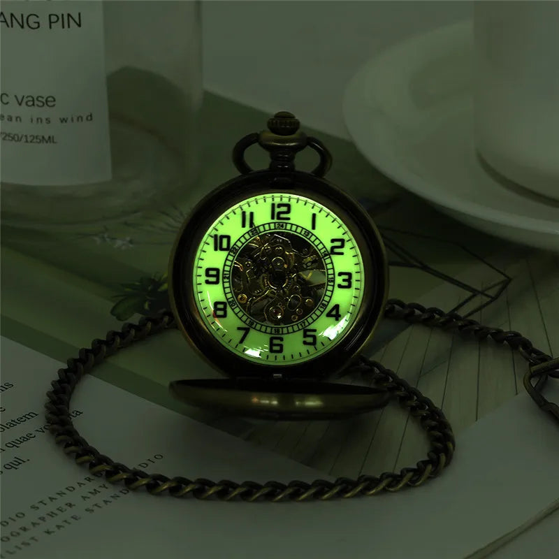 Antique Luminous Dial Mechanical Pocket Watch Bronze Hollow Wheel Unisex Hand-Winding Clock Steampunk Pendant Chain Gift reloj