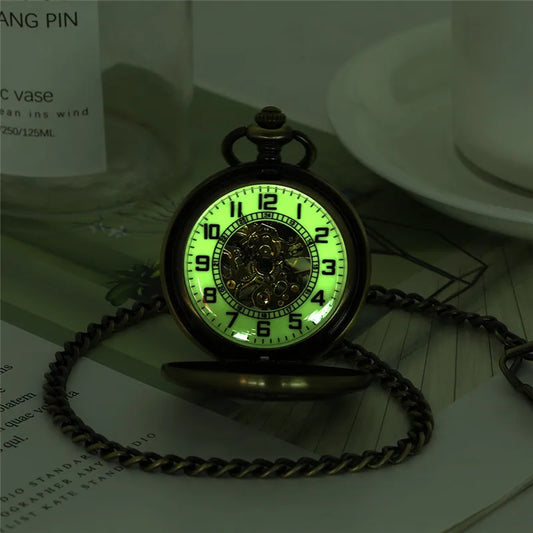 Antique Luminous Dial Mechanical Pocket Watch Bronze Hollow Wheel Unisex Hand-Winding Clock Steampunk Pendant Chain Gift reloj