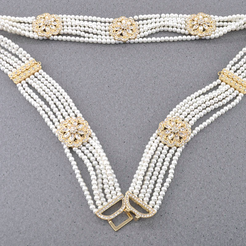 New Gorgeous Woman Pearl Waist Chain Body Belly Chains Adjustable Length Jewelry European Bride Wedding Flower Pearl Belt