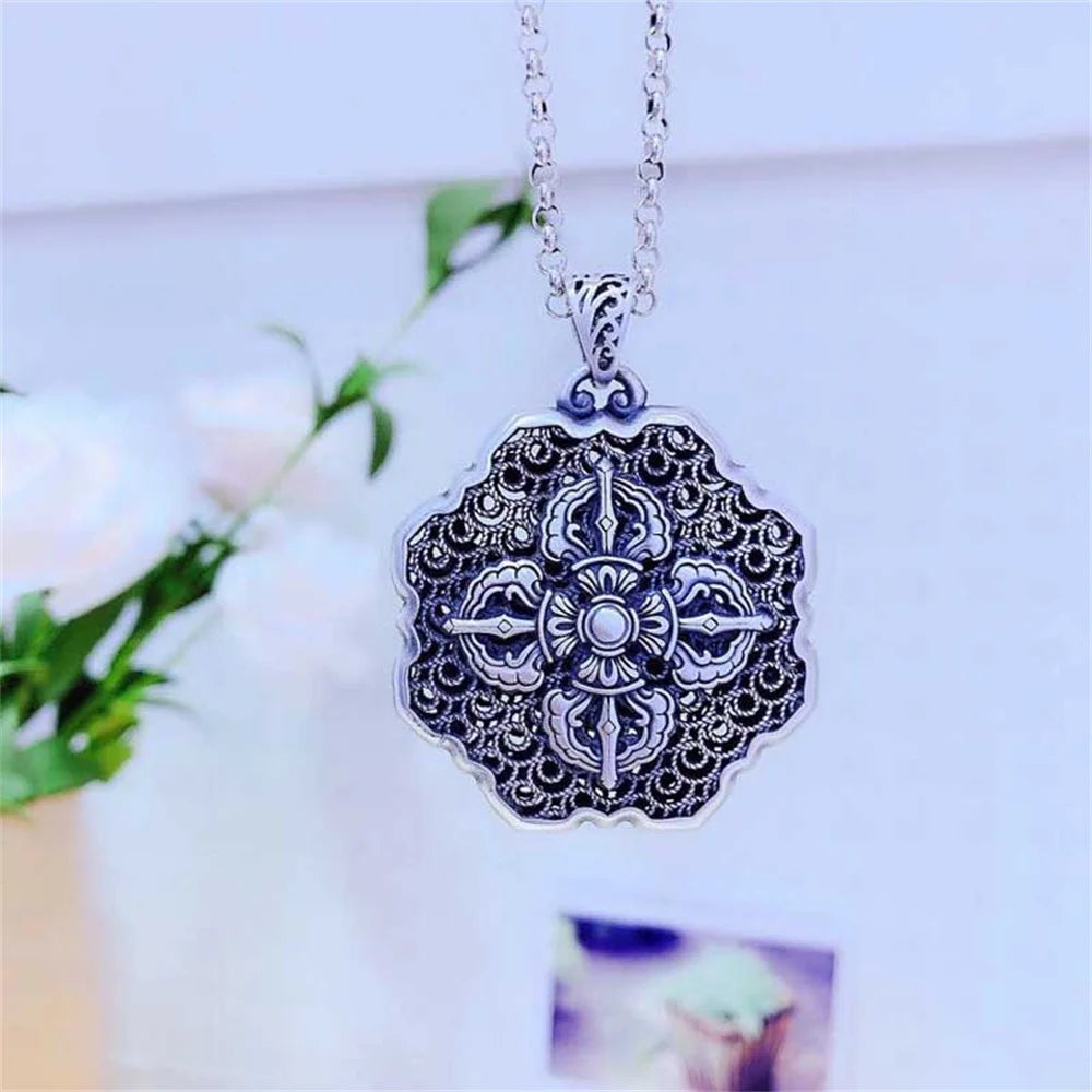 BOCAI S999 Sterling Silver Charm Pendants Hollow Out Lotus Vajra Pestle Hanging Jewelry Pure Argentum Amulet for Men and Women