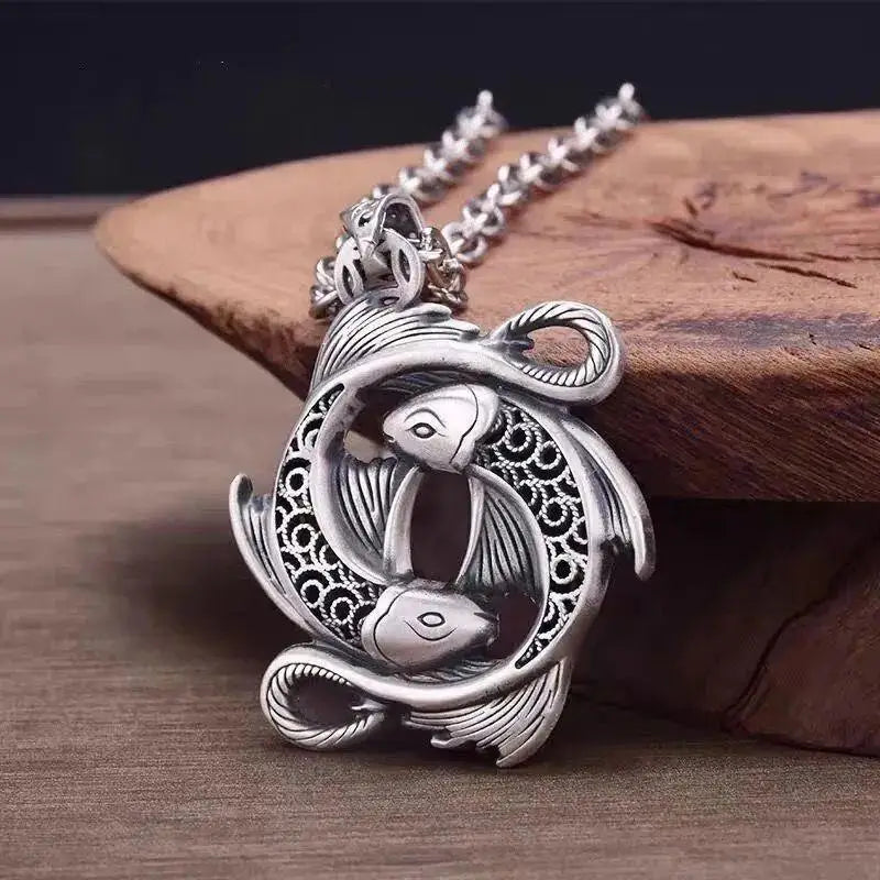 BOCAI New Trendy 100% S925 Silver Pisces Koi Good Luck Ethnic Retro A Pair Of Fish Play In The Water Man and Woman Pendant