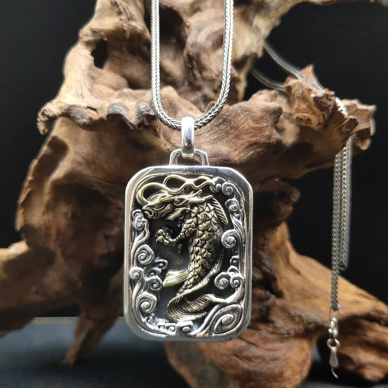 BOCAI  Fashion New Real S925 Silver Golden Personality Carp Playing in Water Man and Woman Pendant  Retro Jewelry