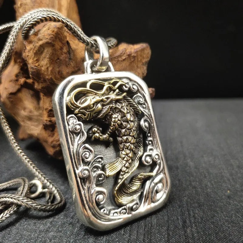 BOCAI  Fashion New Real S925 Silver Golden Personality Carp Playing in Water Man and Woman Pendant  Retro Jewelry