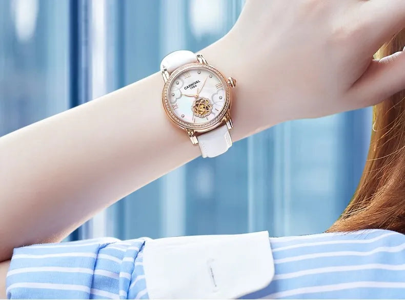 CARNIVAL Fashion Tourbillon Watches for Woman Luxury Diamond Automatic Watch Waterproof Leather Sapphire Mechanical Wristwatches