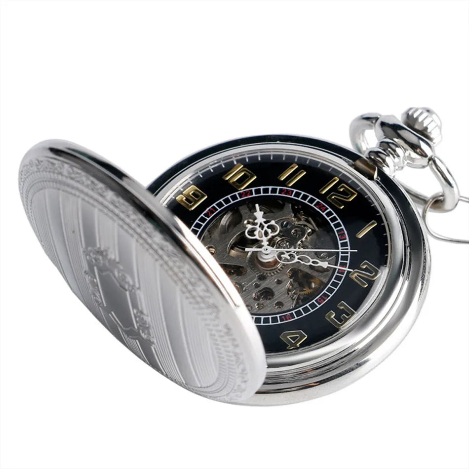 Silver Shield Automatic Mechanical Pocket Watch Arabic Numerals Display Self-Winding Pendant Antique Pocket Clock Male Gifts