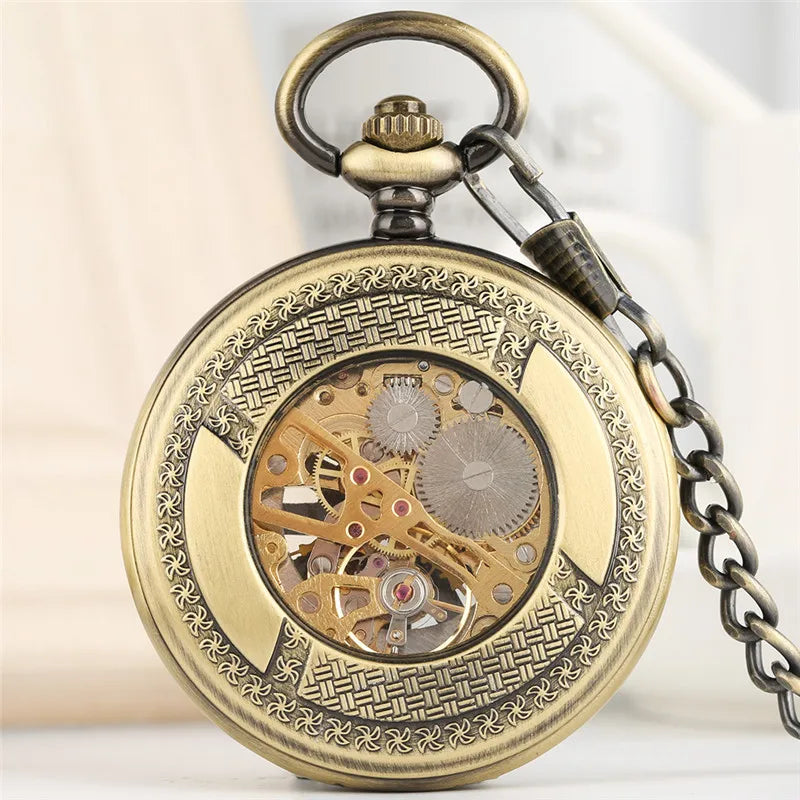 Antique Luminous Dial Mechanical Pocket Watch Bronze Hollow Wheel Unisex Hand-Winding Clock Steampunk Pendant Chain Gift reloj
