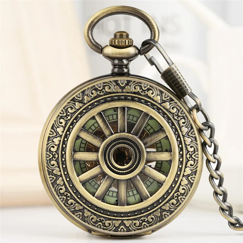 Antique Luminous Dial Mechanical Pocket Watch Bronze Hollow Wheel Unisex Hand-Winding Clock Steampunk Pendant Chain Gift reloj