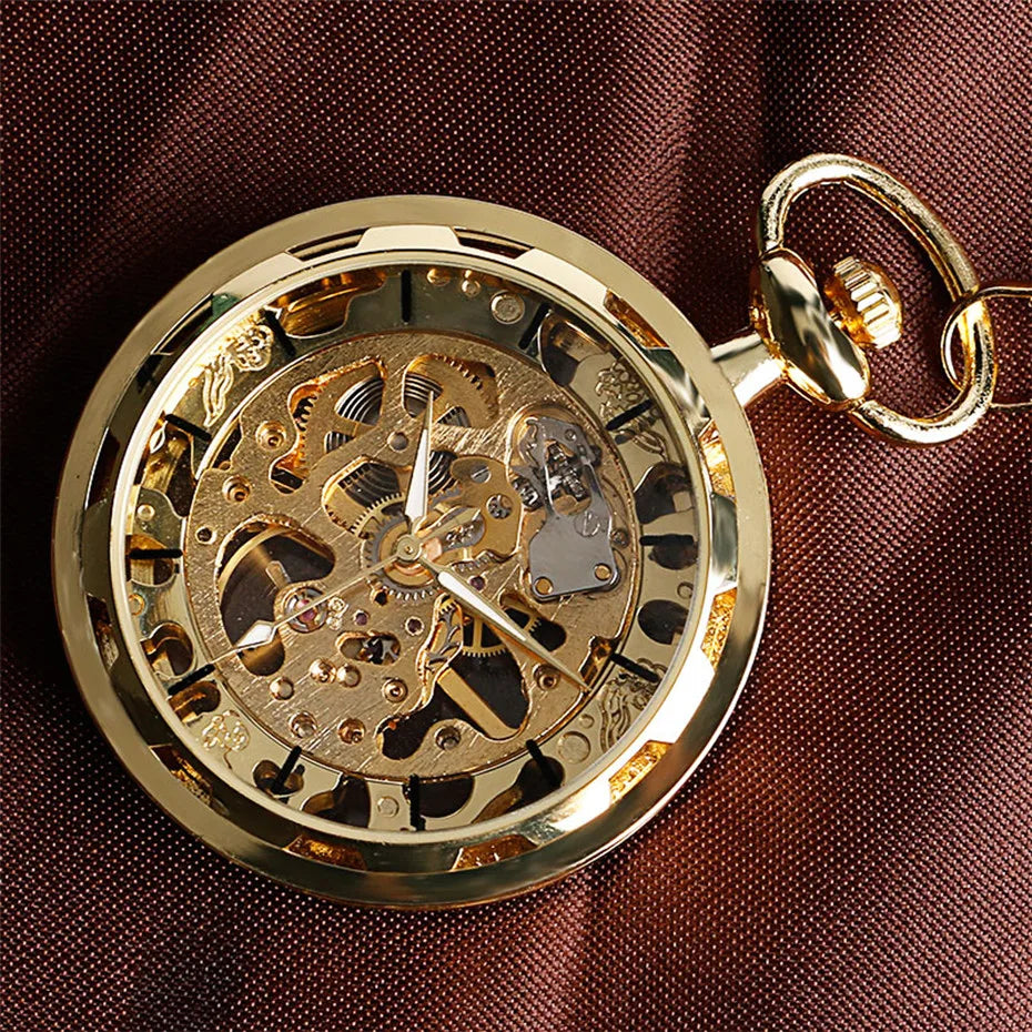 Transparent Open Face Hollow Skeleton Mechanical Pocket Watch Hand Winding Vintage Clock Birthday Gift with Pocket Chain reloj