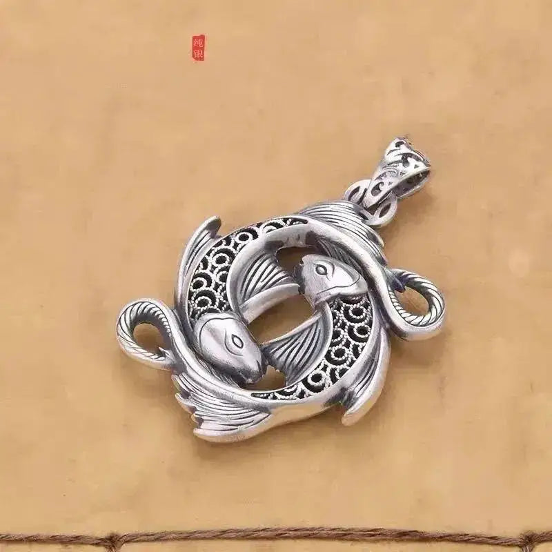BOCAI New Trendy 100% S925 Silver Pisces Koi Good Luck Ethnic Retro A Pair Of Fish Play In The Water Man and Woman Pendant