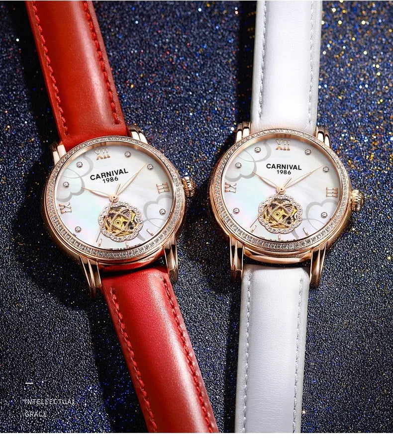 CARNIVAL Fashion Tourbillon Watches for Woman Luxury Diamond Automatic Watch Waterproof Leather Sapphire Mechanical Wristwatches