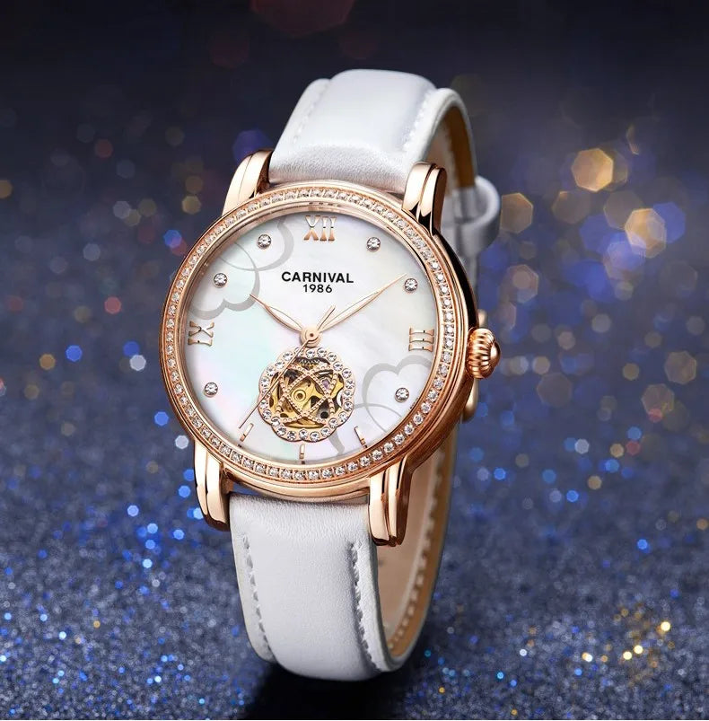 CARNIVAL Fashion Tourbillon Watches for Woman Luxury Diamond Automatic Watch Waterproof Leather Sapphire Mechanical Wristwatches