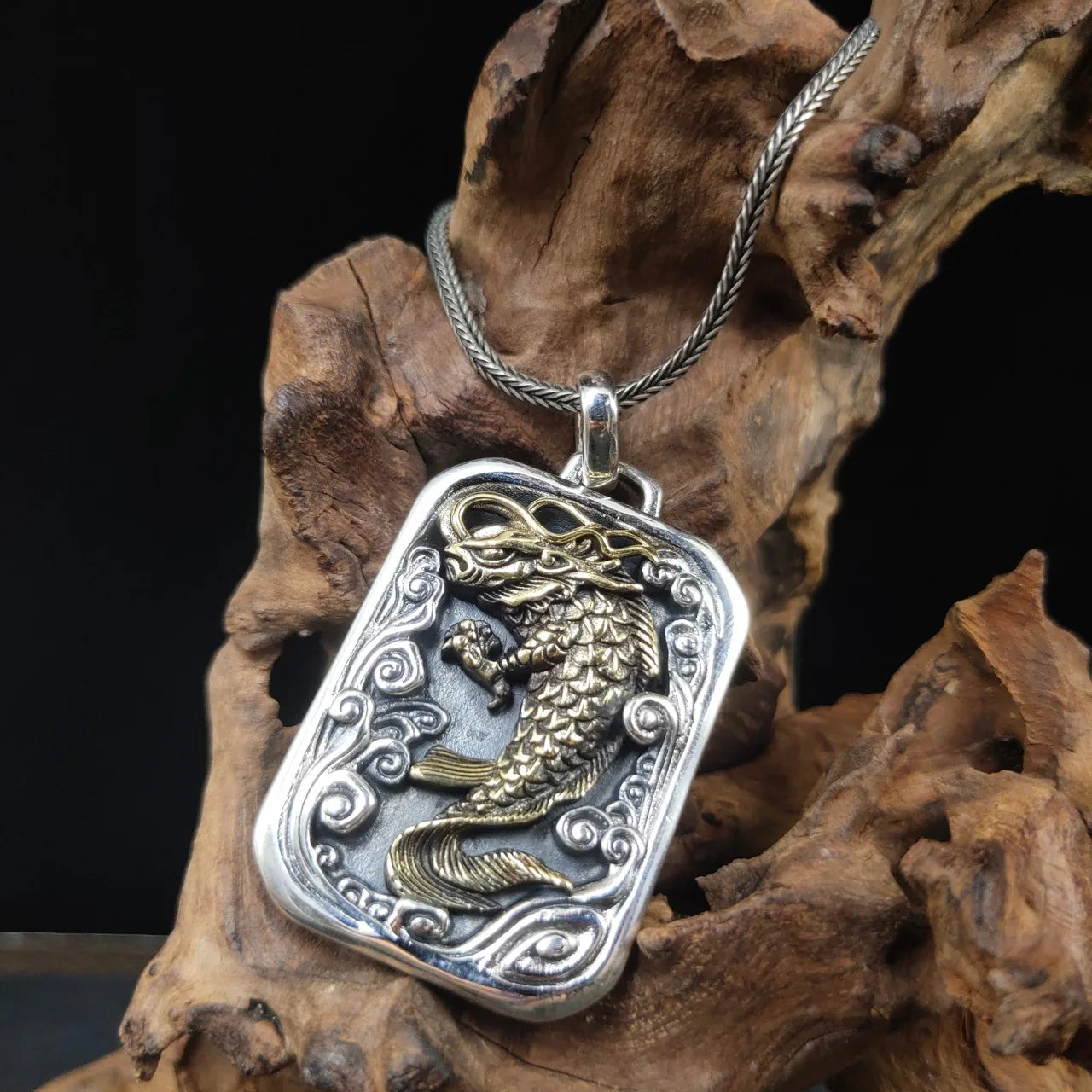 BOCAI  Fashion New Real S925 Silver Golden Personality Carp Playing in Water Man and Woman Pendant  Retro Jewelry