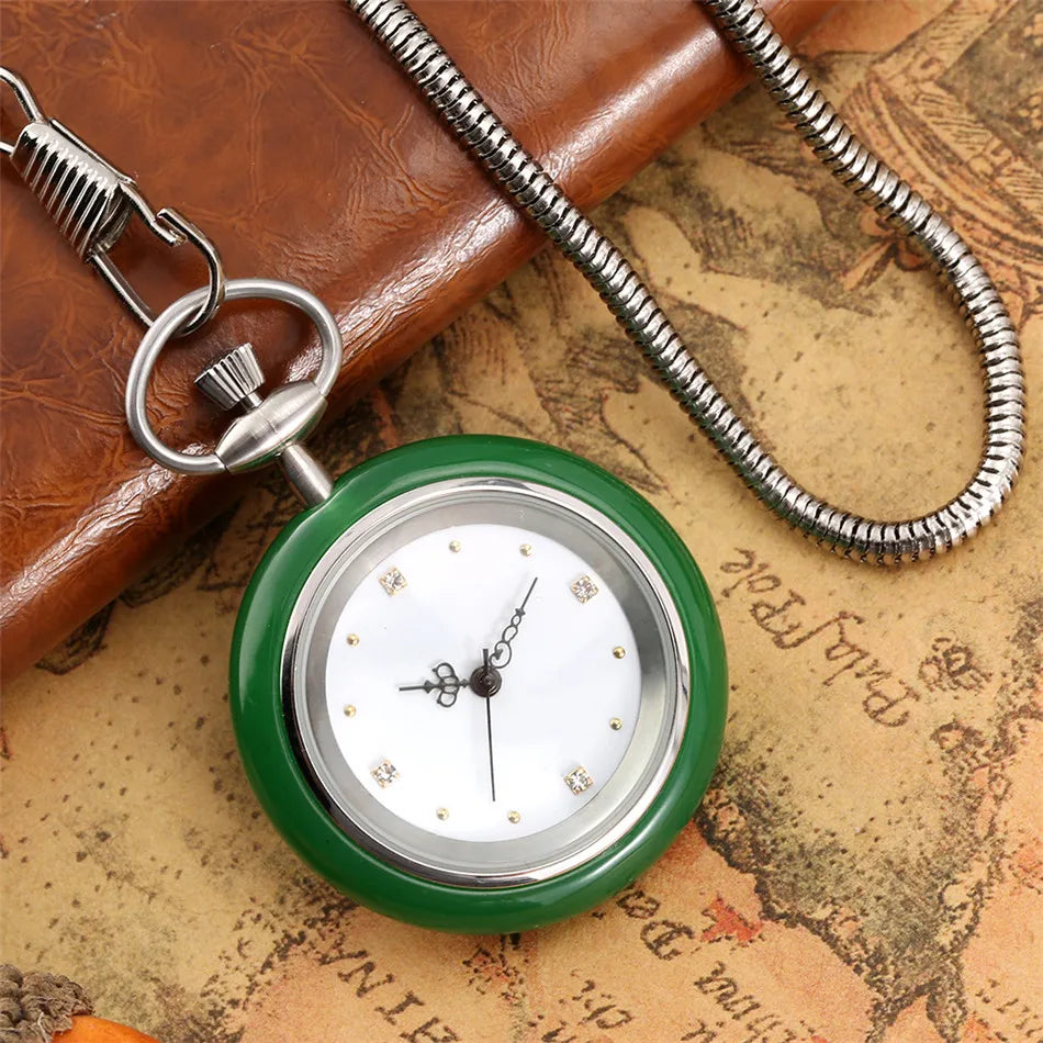 Minimalist Retro Green/White Jade Quartz Pocket Watch Silver Snake Pocket Chain Pendant Antique Pocket Clock Gift Men Women