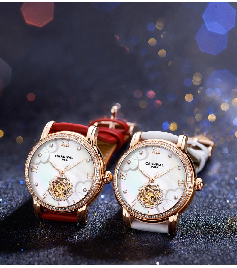 CARNIVAL Fashion Tourbillon Watches for Woman Luxury Diamond Automatic Watch Waterproof Leather Sapphire Mechanical Wristwatches