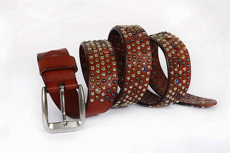 Genuine Leather Bling Rhinestones Studded Belt For Western Women Men Fashion Girls Luxury Ceinture Rivet Cowgirl Cowboy Belts