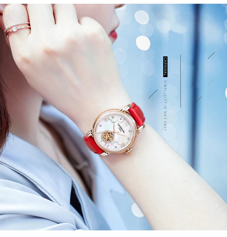 CARNIVAL Fashion Tourbillon Watches for Woman Luxury Diamond Automatic Watch Waterproof Leather Sapphire Mechanical Wristwatches