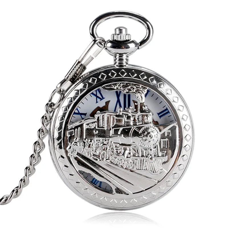 Old Fashion Men Women Mechanical Handwinding Pocket Watch Locomotive Hollow Train Skeleton Clock Pendant FOB Chain reloj Gift