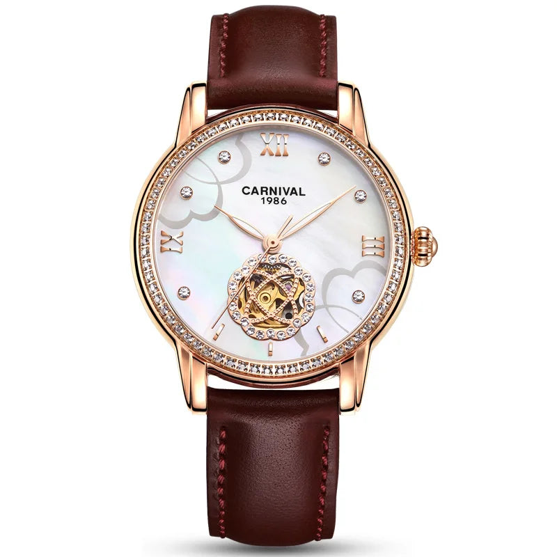 CARNIVAL Fashion Tourbillon Watches for Woman Luxury Diamond Automatic Watch Waterproof Leather Sapphire Mechanical Wristwatches